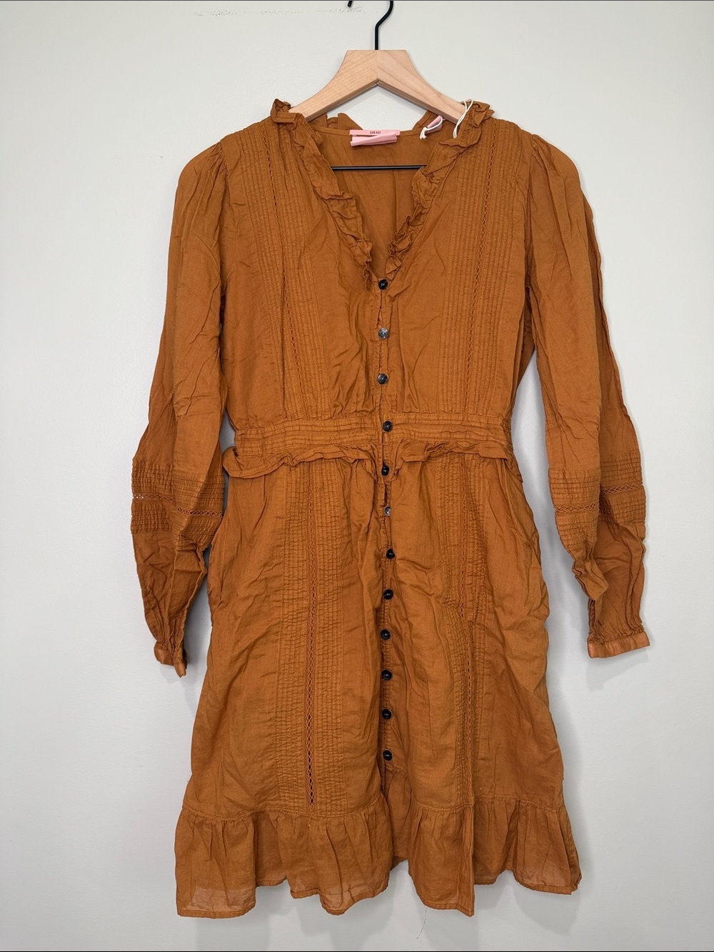 Scotch & Soda Sun Ray Rust Button-Front Long Sleeve Ruffle Dress XS